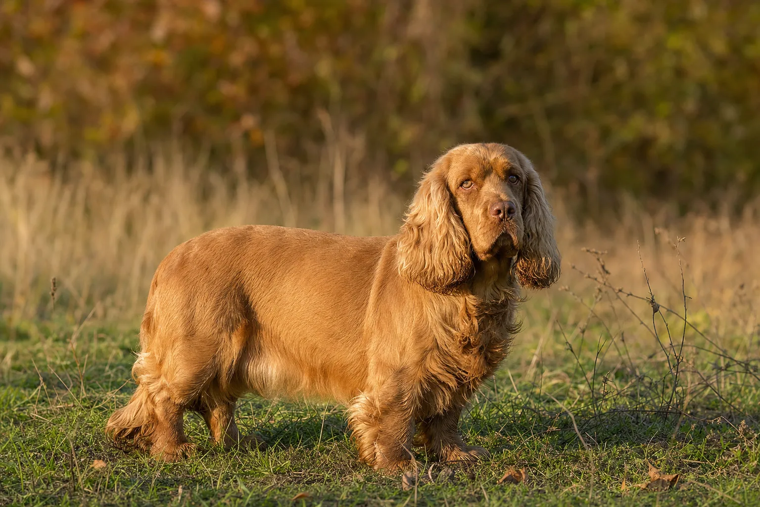 Sussex Spaniel (robe foie doré (couleur caractéristique de la race)) adulte en extérieur