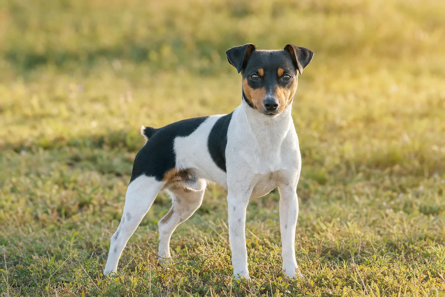 Terrier Bresilien (robe tricolore obligatoire : fond blanc avec plages noires, bleues ou marron et marques feu bien définies) adulte en extérieur