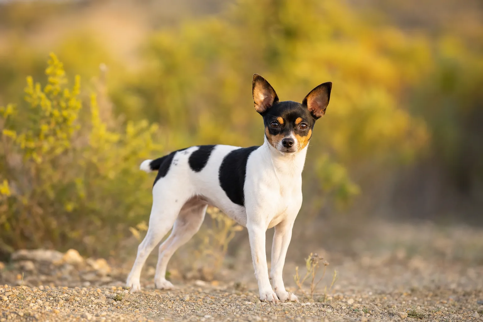 Toy Fox Terrier (robe tricolore (blanc, noir et feu)) adulte en extérieur