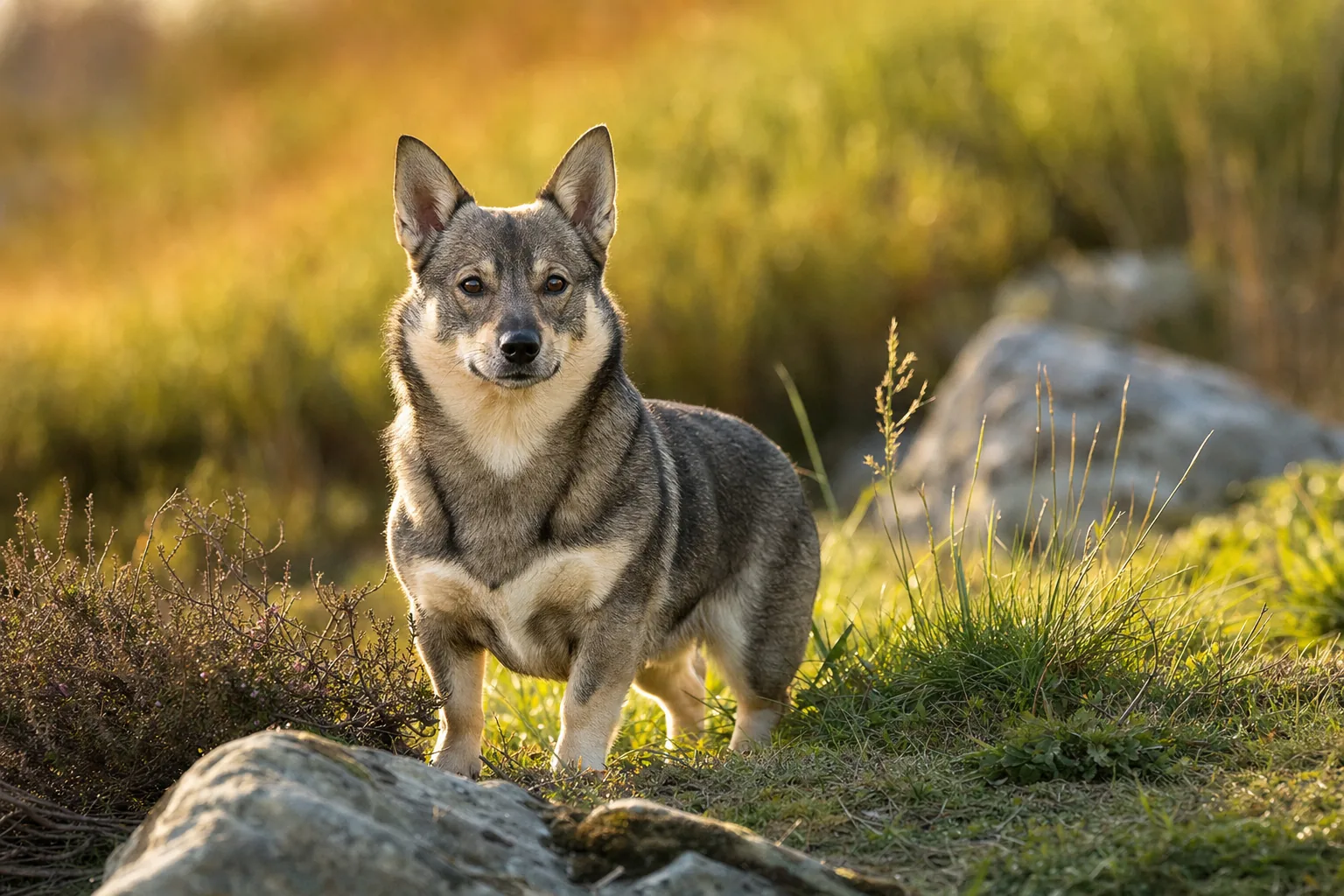 Vallhund Suédois (robe gris à gris-brun) adulte en extérieur