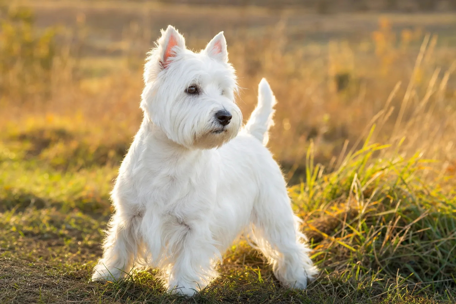 West Highland White Terrier (robe blanc pur) adulte en extérieur