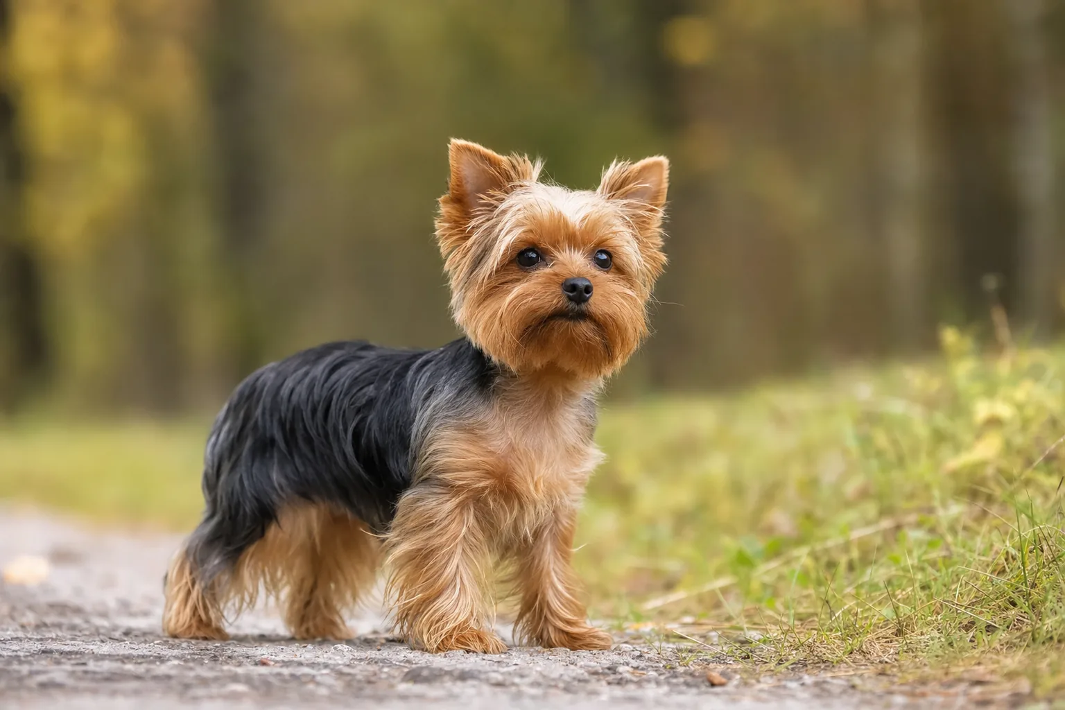 Yorkshire Terrier (robe bleu acier foncé sur le corps, feu doré sur la tête, le poitrail et les membres) adulte en extérieur